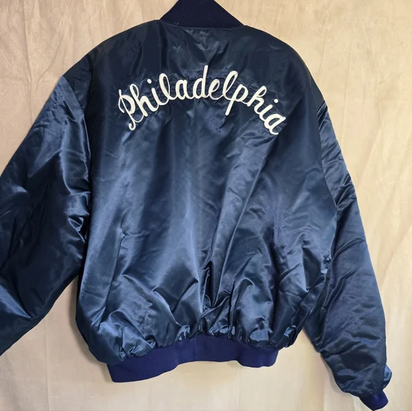 Vintage 80s Birdie Richard A Leslie Blue Satin Puffer Jacket Philadelphia Philly - Picture 1 of 16